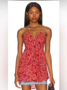 Free People Red Floral Spaghetti-Strap Tunic Top